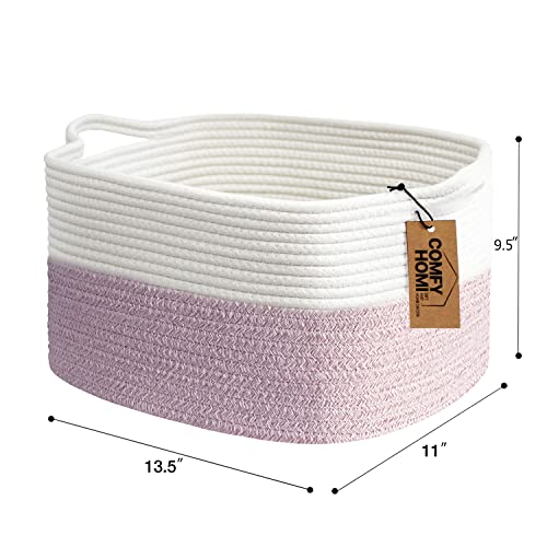 COMFY-HOMI Cotton Rope Woven Medium Basket with Handles for shelf，Cloth Storage Basket for Organizing-13.5X11X9.5 Storage Bin for Bedroom, Newborn or Infant Gift for boy girl （White/Pink） - color: white/pink, size: 13.5"X11"X9.5"