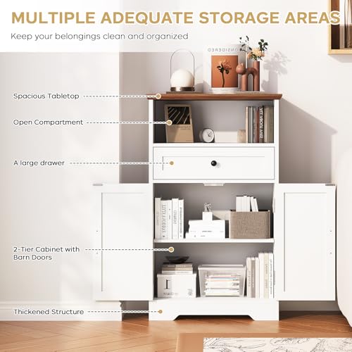 Floor Cabinet, Farmhouse Storage Cabinet with Barn Doors and Drawer, Freestanding Adjustable Shelf Organizer for Bathroom, Kitchen, Living Room White - color: White, size: 39.4"H x 23.6"W x 11.8"D