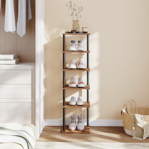 HOOBRO Vertical Shoe Rack, 6-Tier Narrow Shoe Shelf, Shoe Storage Organizer for Small Space, 11" L x 11" W x 39.5" H, Closet, Entryway, Hallway, Bedroom, Rustic Brown and Black BF21XJ01 - color: Rustic Brown + Black, size: 11"L x 11"W x 39.5"H