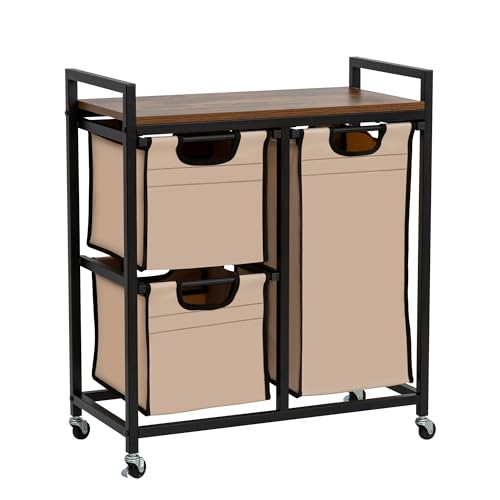 Suntage Laundry Basket Organizer - Hampers with 3 Compartments, Sliding Laundry Sorter Bags, Top Storage Shelf, Metal Frame - style: Rustic