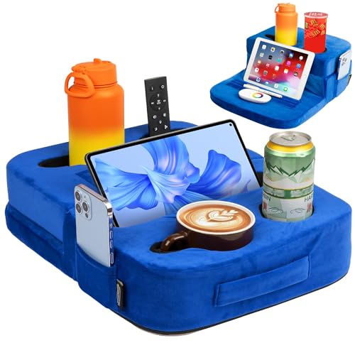 TabCouchCaddy - Couch Cup Holder Tray Pillow - Bed, Couch Caddy, Sofa, RV & Car - Holds Drinks, Snacks, Remotes, Phones, Kindle, Tablet | Bed Cup Holder (Blue) - color: Blue