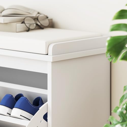 HOMCOM Narrow Shoe Bench with Padded Seat Cushion and Flip-Drawer, Small Entryway Bench Holds up to 265lb, Shoe Cabinet, 31.5x10.2x18.7 Inches, White - color: White, size: 31.5" x 10.2" x 18.7"