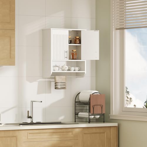 HOOBRO Fluted Bathroom Wall Cabinet, Farmhouse Medicine Cabinet with 2 Fluted Doors, Wall Storage Shelf with Towel Rack, Adjustable Shelf, for Small Spaces, Bathroom, Kitchen, White - color: White, size: 15.7"L x 7.9"W x 22.4"H