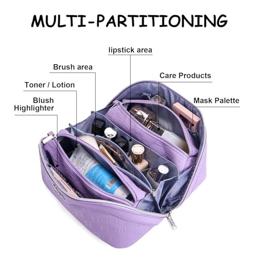 BOYATU Travel Makeup Bag for Women: Cosmetic Organizer Bag with Compartments - Leather Make up Bags Set of 3 (G-1-Purple) - color: G-1-Purple