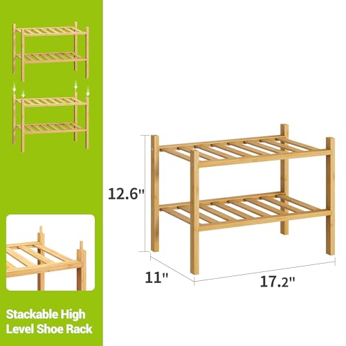 BMOSU 2-Tier Bamboo Small Shoe Rack Premium Stackable Shoe Shelf Storage Organizer for Hallway Closet Living Room Entryway Organizer (Natural Bamboo) - color: Natural Bamboo, size: Small-2-Tier（17*11*12.6inches）