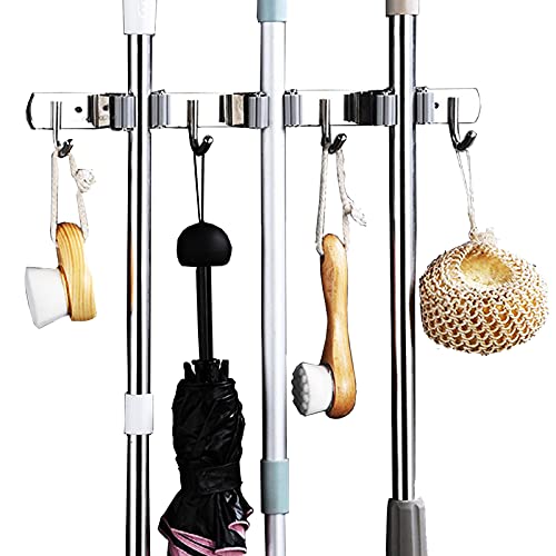 Broom Mop Holder Wall Mount Cleaning Tool holder, Heavy Duty Stainless Steel Broom Hanger Rack Hook Organizer, Garage Storag Racks wall Mounted Broom Hanger for Home, Kitchen, Garden, Garage, Landry