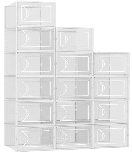 Foluck Shoe Storage Box, 15 Pack Clear Plastic Stackable Shoe Organizer for Closet, Interlocking Design Shoe Container Bins for Sneakers, Foldable Shoe Rack with Lids, White - color: White