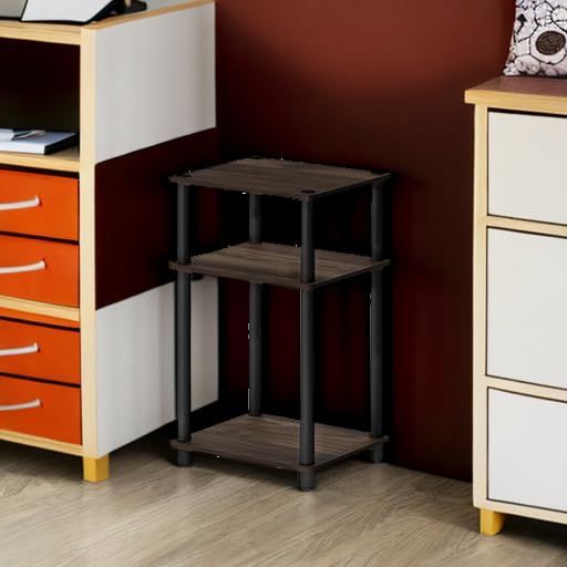 Furinno JUST Side Table, 3-Tier End Table, Open Shelves Night Stand, Bedside Table, Toolless Assembly, for Living Room, Bedroom, Bathroom, Columbia Walnut - color: Columbia Walnut/Black, size: 3-Tier, Round Pole, style: 1-Pack