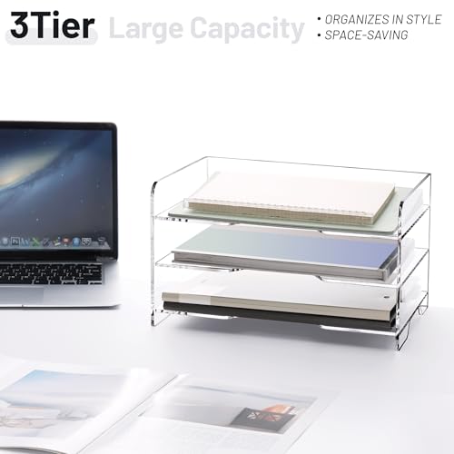 SANRUI Paper Letter Tray Organizer 3 Tier Acrylic Desk File Organizer with Bottom Handle, Paper Sorter Organizer for Letter/A4 Office Organization,Clear - style: Enlarged File Tray 3 Tier
