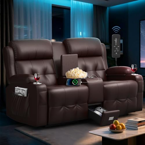 Loveseat Recliner Sofa, Home Theater Seating with Massage, RV Wall Hugger Reclining Couch with Console, USB, Cup Holders & Drawer, Manual Loveseat Recliners RV Sofa for RV & Home Theater - color: Brown, size: Loveseat 67''