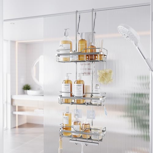 Skyapex Shower Caddy Over the Door Organizer: Bath Rack Hanging Over Glass with Hooks - Storage Shelf Inside Bathroom for Shampoo - Sliver - color: Sliver