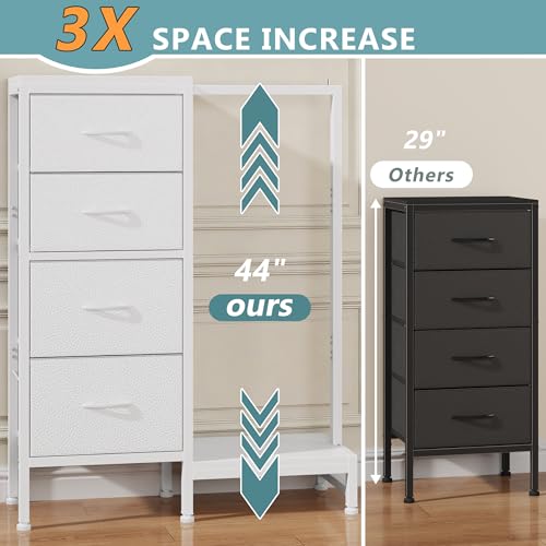 HIGDBFE Tall Dresser 44''H with Hanging Rack, 4 Drawers Small Closet Dresser for Bedroom, Reversible Fabric Chest of Drawers with Clothes Rack, Tall Storage Tower, Sturdy Frame, White - color: White