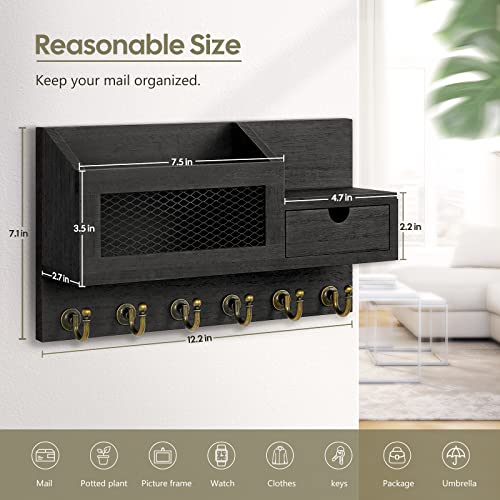 FifthQuarter Key and Mail Holder for Wall, Mail Organizer Wall Mount with 6 Hooks and Storage Drawer, Easy Installation Key Rack for Entryway and Home Decor (B-Black) - color: B-Black