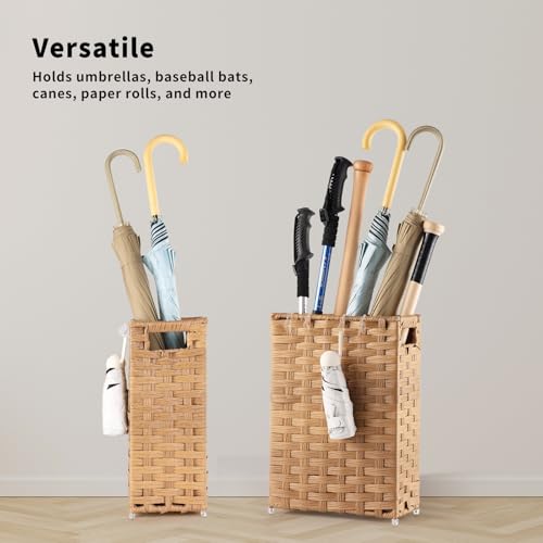 Rattan Umbrella Stand, Umbrella Holder for Entryway, Hand Woven Umbrella Rack Organizer Freestanding, with a Detachable Drip Tray, 4 Hooks, 11.8" L x 5.5" W x 16.5" H, Natural - color: Natural, size: M(11.8" L x 5.5" W)