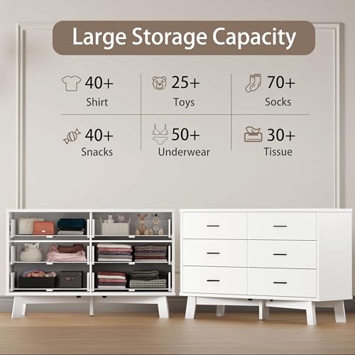 Xixini Dresser for Bedroom, 6 Drawer Wide Modern Chest of Drawers with X-Shaped Sturdy Base, Wood Double Dresser Closet Clothes Storage Organizer, Wooden TV Stand for Living Room, Hallway, White - color: White, size: 15.6"D x 47.2"W x 29.5"H (6 Drawers)