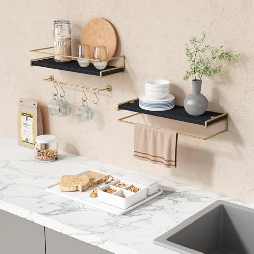 Forbena Black and Gold Bathroom Floating Shelves for Wall, Decorative Wall Mounted Shelves for Kitchen Coffee Bar Station Organizers and Storage, Hanging Shelving Unit for Bedroom Living Room (2-Pack) - color: 7. Black-gold