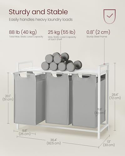 VASAGLE Laundry Hamper, Laundry Basket, Laundry Sorter with 3 Pull-Out and Removable Bags, Shelf, Metal Frame, 3 x 10.6 Gallons (40 L), 36.4 x 13 x 28.4 Inches, Dove Gray and Cloud White UBLH301W03 - color: Dove Gray + Cloud White, size: 3 Bags - 120 L