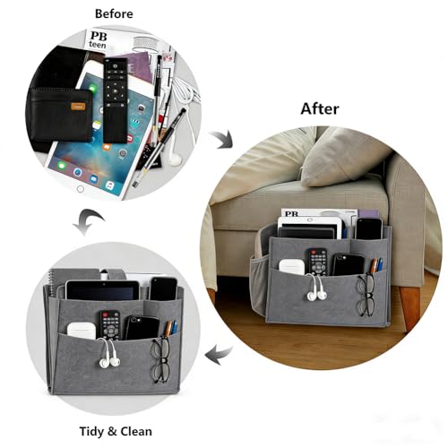 Felt Bedside Caddy, Large Bed Storage Organizer Hanging Bag Holder with Cord Slit,Magazine Book Phone and Remote Caddy for Bed Home Dorm Sofa,Bedside Pouch - color: Gray