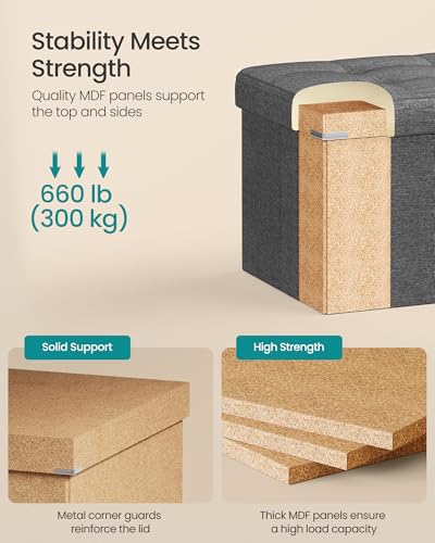 SONGMICS MAZIE Collection - 43 Inches Folding Storage Ottoman Bench, Ottoman Foot Rest, End of Bed Bench, Storage Chest, Load 660 lb, for Living Room, Bedroom, Entryway, Dark Gray ULSF77K - color: Dark Gray, size: 15"D x 43"W x 15"H