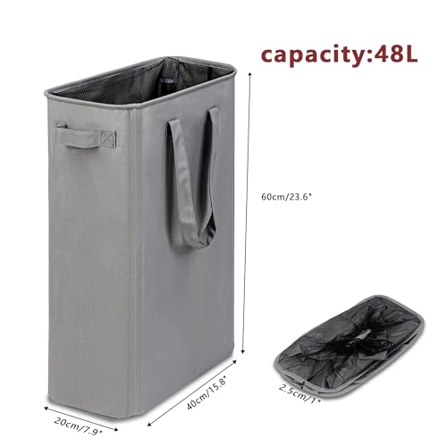 efluky Slim Laundry Basket, Narrow Laundry Hamper with Handles, Collapsible Dirty Clothes Hamper, Tall Laundry Bin for Laundry Room, Dorm and Bedroom, 12.7 Gallons(48L) Grey - color: Grey, size: 48L without Lid