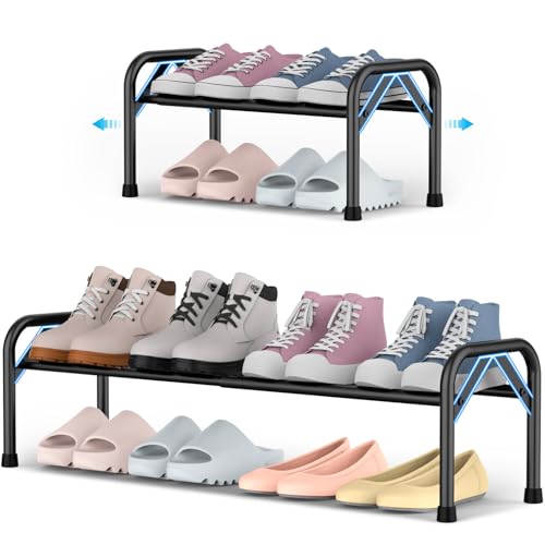 YEASHEIN 1-Tier Expandable Shoe Rack for Closet Floor, Λ-Frame Metal Small Shoe Rack for Entryway, Adjustable Shoe Shelf Organizer, Free Standing Shoe Racks for Front Door Entrance, Garage - Black - color: Black, size: 1 Tier
