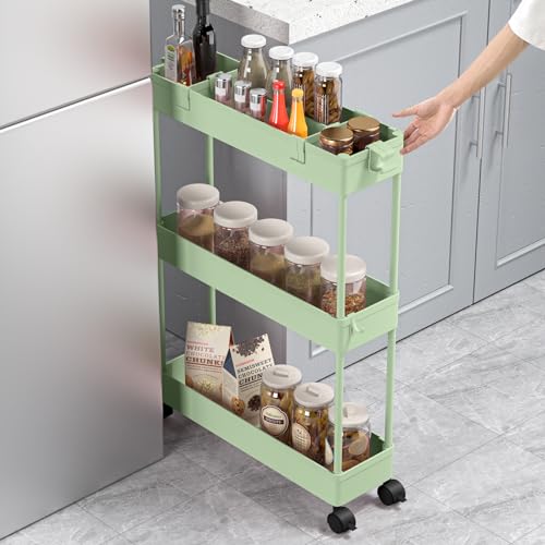 SPACELEAD Slim Storage Cart 3 Tier,Bathroom Organizer Rolling Utility,Mobile Shelving Unit Slide Out for Office, Kitchen, Laundry Room & Narrow Places，Green - color: Green