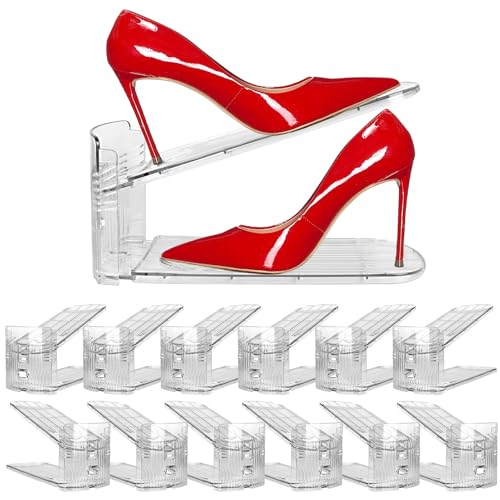 12 Pack Clear Shoe Slots Organizer - Adjustable Height 3.7''to 7.7'' Shoe stackers for a pair of shoes ,Shoe rack storage shoe space saver 50%,Easy to assemble shoe hold shoe organizer for cloest - color: 12 Pack