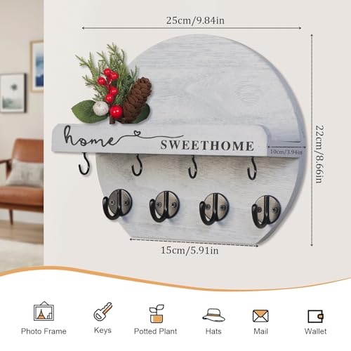 Key Holder for Wall, Key and Mail Holder Organizer - Key Holder Wall Mount with Bouquet Shelf and Key Hooks, Round Wooden Rustic Key Rack for Entryway and Home Decor (Gray) - color: Gray