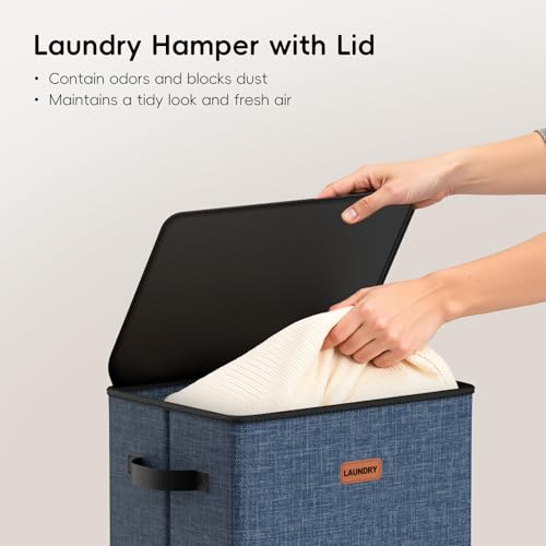 100L Laundry Hamper with Lid, Large Clothes Hampers with Removable Bag, Collapsible Laundry Basket for Bathroom, Bedroom, Laundry Room, Dorm, Navy Blue - color: Navy Bule, size: 100L - 1 Section