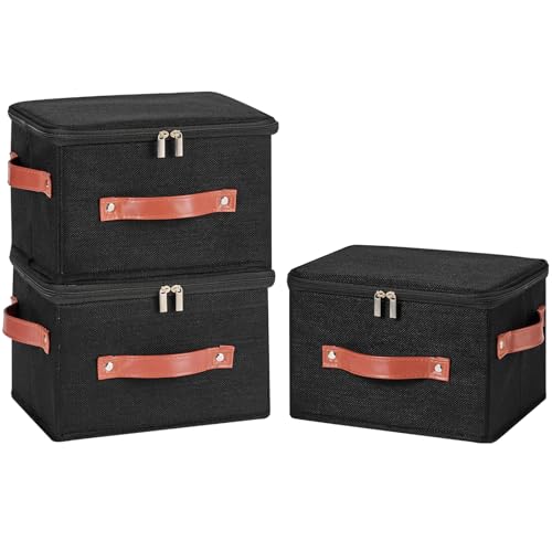 3PCS Storage Bins Boxes with Zippered Lids Cotton Linen Fabric Decorative Basket PU Leather Handles PP Plastic Board Foldable Lidded Clothing Shelf Closet Organizer Container (Black, Small) - color: Black, size: Small ( Pack of 3 )