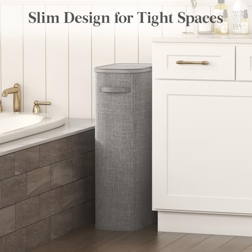 Lifewit Slim Laundry Basket with Lid, Narrow Large Laundry Hamper with Plastic Handles and Removable Bag, Tall Foldable Dirty Clothes Hampers for Laundry Room, Bedroom, Bathroom, Dorm, 75L Gray - color: Gray, size: 75L