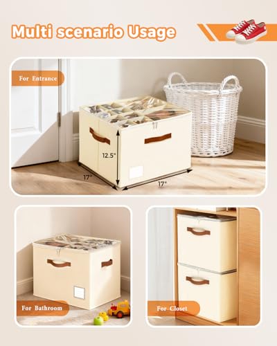 Shoe Organizer for Closet with Clear Cover, Fits up to 16 Pairs Foldable Shoe Storage Organizer Box Bin with Adjustable Dividers
