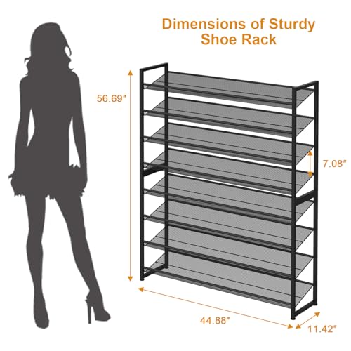 Large Shoe Rack 8 Tier Shoe Organizer, Heavy Duty Metal 4-Tier Stackable Shoe Storage Vertical Shoe Rack for Closet Front Door Entrance, Up to 50 Pairs, 44.8" W x 11.4" D x 56.7" H, Black - color: Black, size: 8 Tier