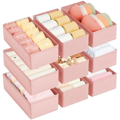 DIMJ Drawer Organizer for Clothes - Underwear, Sock, Closet, and Dresser Storage Box - Dividers for Baby Clothes, Bra, Socks, Belt, Tie - Set of 9, Pink - color: Pink, size: Set of 9