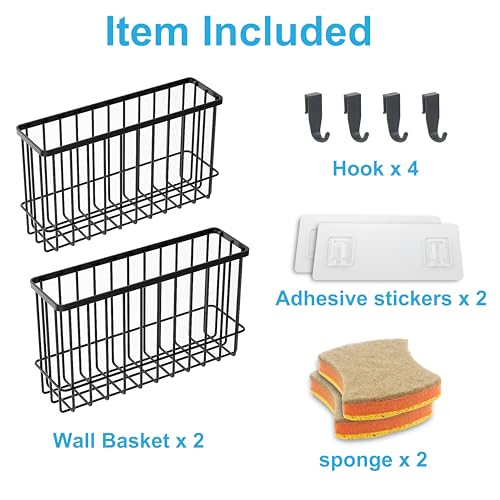 Wall Organizer Baskets, Lid Organizers Inside Cabinet with 2 Caddy Adhesive, Cabinet Door Organizer with 2 Sponges, 4 Hooks, Cabinet Door Storage for Foil Aluminum Roll, Black, 2 Pack (Small, Medium) - color: Black (Small+Medium)