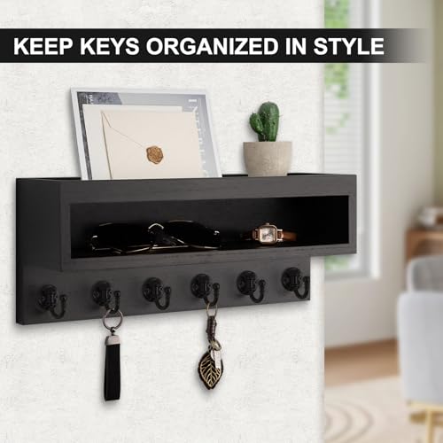 Key and Mail Holder Wall Mount, Key Hanger with Long Storage Box and 6 Hooks for Coat, Dog Leash, Home Decor Rack, House Accessories, Entry Way Organizer (Black) - color: Black