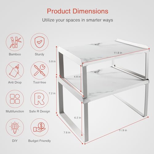 Goozii White Marble Kitchen Counter Shelf Organizer, Modern Dish Plate Organizer for Cabinet Space Saver, Small Wood Stackable 2 Tier Office Desktop Shelf Risers for Books Monitor - Set of 4 - color: White-Marble, size: Medium