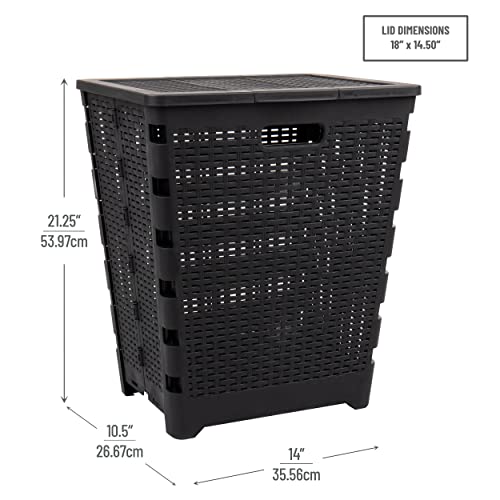 Mind Reader 61L Foldable Laundry Hamper, Clothes Basket, Lid, Wicker Design, Plastic, 18"L x 14.5"W x 21.25"H, Black - color: Black