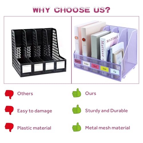 Desk Organizers, Metal Magazine File Holder with 5 Vertical Compartments Rack Binder File Organizer for Office Supplies, Home Workspace - Purple - color: Purple, size: 5 Compartments