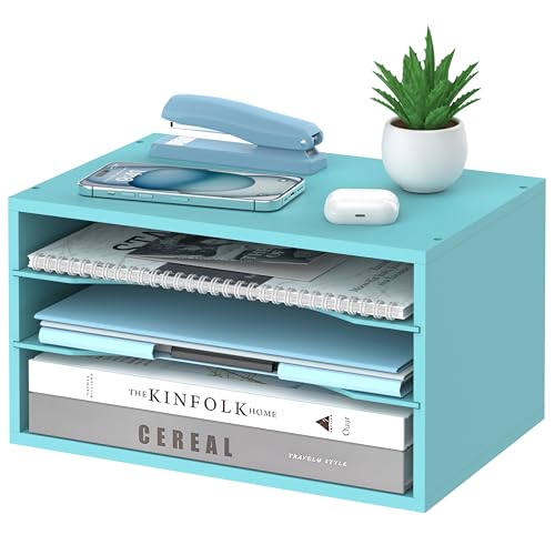 Wood Desk Organizer, 3 Tier Paper Tray Organizer for Desk with Adjustable Storage Shelves, Desktop File Organization Paper Sorter Mail Holder for Office Home Classroom, Blue - color: Blue, size: 3 Tier