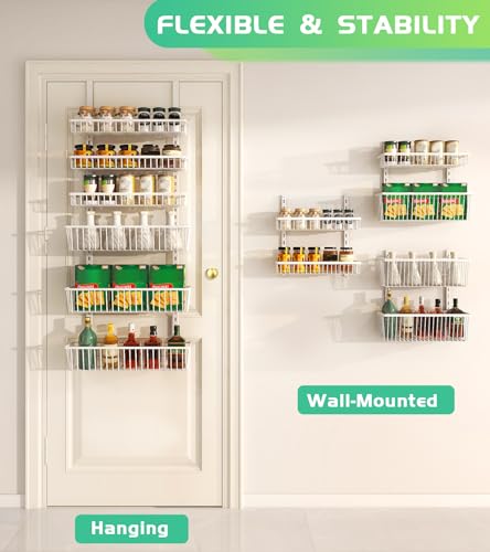 Mefirt Over The Door Pantry Organizer, Pantry Organization and Storage, 6-Tier Deep Baskets Hanging Heavy-Duty Metal, Wall Spice Rack Seasoning Shelves for Home & Kitchen, Laundry Room Bathroom, White - color: White, size: 6-Tier (16"W)