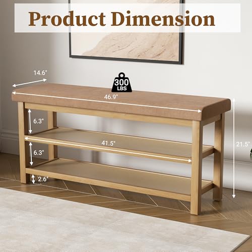 2 Tier Shoe Rack Bench with Cushion, Rubberwood Shoe Benches, Mid-Century Modern Shoe Storage Bench for Entryway, Hallway, Living Room, Closet, Front Door Entrance, Dark Brown - color: Dark Brown