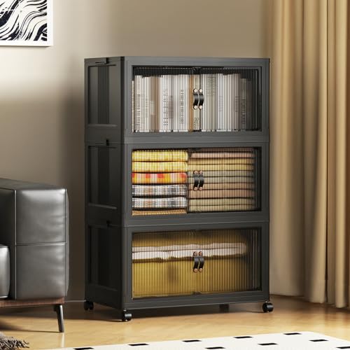 SAILUN 95Gal/381Qt Extra Large Stackable Storage Bins Folding Collapsible Storage Bins with a Lid, Closet Organizers and Storage Black 28" W x 1 - color: Black, size: 1 Lid 3 Pack-28" W x 17" D x 46" H
