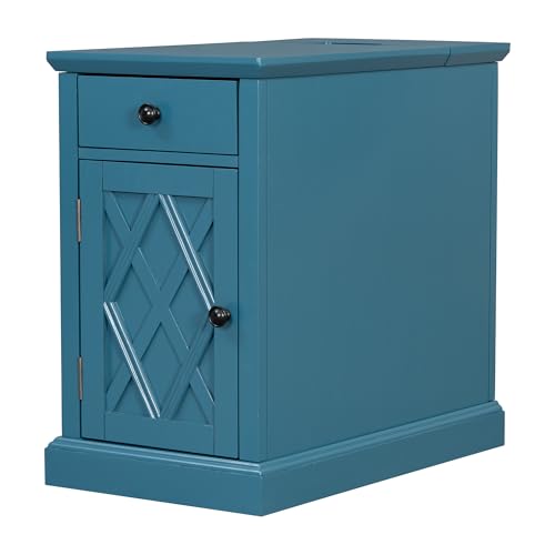 Multifunctional Classic Vintage End Table with USB Ports and 1 Drawer with Cup Holders, Sofa Side Narrow Table with Storage, Bedside Nightstand for Living Room Bedroom (Navy Blue-4.3) - color: Navy Blue-4.3