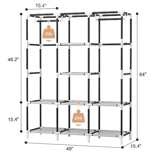 VTRIN Portable Closet Wardrobe for Hanging Clothes with 2 Hanging Rods and 8 Storage Organizer Shelves,Sturdy Large Wardrobe Closet for Bedroom Free Standing Clothes Rack with Cover,Grey - color: Grey, size: 3 Row - 49'' Wide
