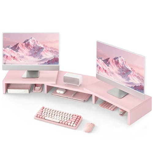 TAVR Dual Monitor Stand Riser, Computer Monitor Stands for 2 Monitors, Extra Long Multifunctional Desktop Organizer Riser for Computer, Laptop, PC, Printer, TV, Max 43.3" Length, Pink - color: Pink