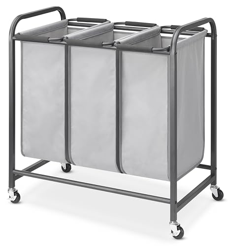 Whitmor Triple Laundry Sorter - 3 Removable Bags with Easy-Grip Handles - Rolling Laundry Sorter - Grey - size: 3 Section A，Grey