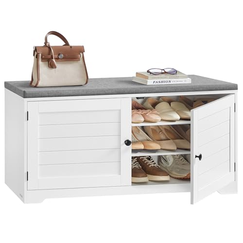 VASAGLE Shoe Storage Bench with Cushion, 3-Tier Entryway Bench with Padded Seat, Doors, Adjustable Shelves, 14 x 39.8 x 20.7 Inches, for Hallway, Bedroom, Cloud White and Dove Gray ULSB044W01 - color: Cloud White + Dove Gray, size: 14"D x 39.8"W x 20.7"H