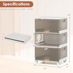 Giantex 3 Tier Stackable Storage Bins with Lids, 13.5 Gal Foldable Shoe Storage Box with Detachable Wheels & Flip-Up Doors, Collapsible Closet Organizers and Storage Bins - size: 13.5Gal-3Pack