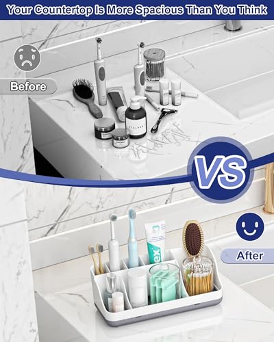 Bathroom Counter Organizer and Storage with 2 Pack Qtip Holder Dispenser, 7 Slots Detachable Toothbrush Holders for Bathrooms, Anti-Slip Electric Toothbrush and Toothpaste Holder Countertop - color: Whitegrey Sets
